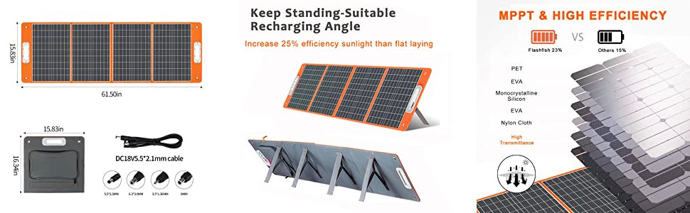 FF Flashfish 18V 100W Foldable Solar Panel, Sun-powered charger for devices, efficient, flexible, and boosts solar power absorption.