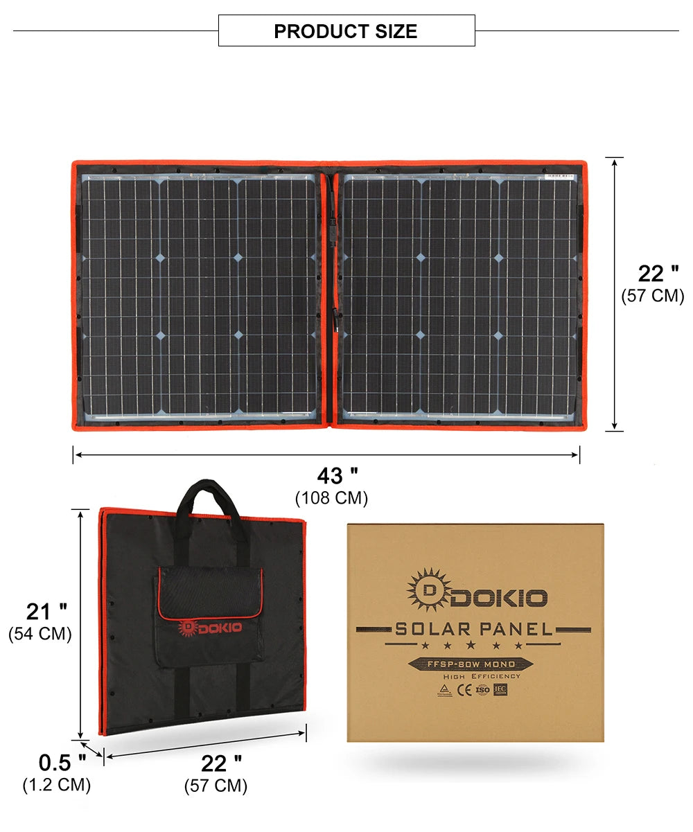 Dokio portable solar panel with 12V controller for camping, travel, and house use.