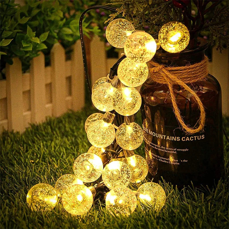 Solar String Light, Solar-powered string lights with LED globe lights and 8 modes, ideal for outdoor garden parties.