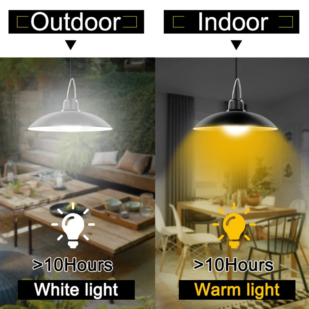 IP65 Waterproof Double Head Solar Pendant Light, Solar-powered pendant lamp for indoor/outdoor use, providing 10+ hours of white or warm light.