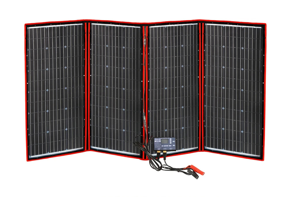 Dokio Flexible Foldable Solar Panel, Package contents: solar panel, wire, controller, manual; compatible with various batteries.
