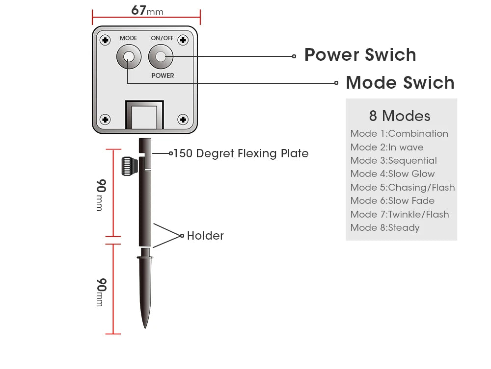 8 Modes Solar Light, 8 modes: combination, wave, sequential, slow glow, chasing/flash, slow fade, twinkle/flash, and steady.