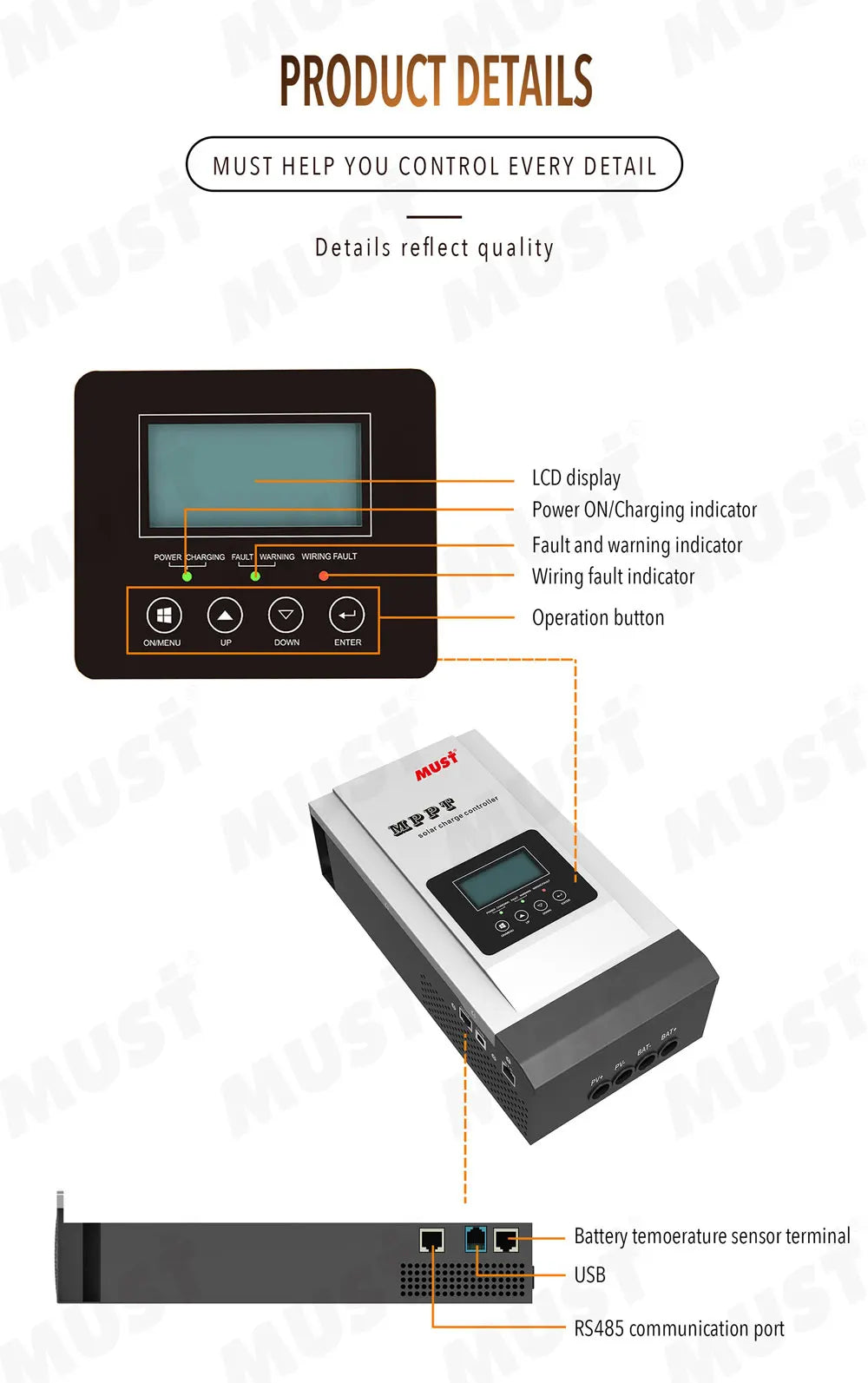 MUST MPPT solar charge controller with LCD display and indicators for easy monitoring.