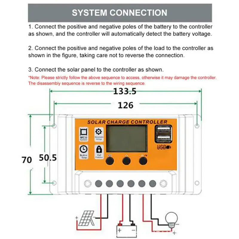 Correctly assemble MPPT PWM Solar Charge Controller with battery, load, and solar panel to avoid damage.