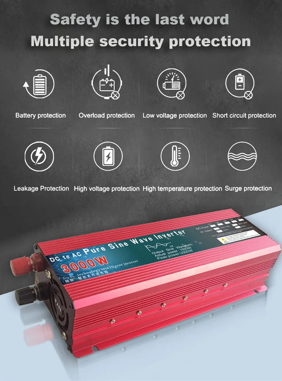 Pure sine wave inverter with multi-security protections for safe power output up to 2000W.