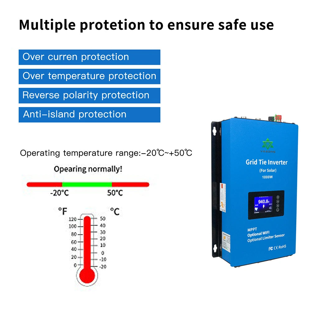 1000W 2000W Solar Inverter, Solar inverter features: overcurrent, overtemperature, reverse polarity & anti-island protections ensure safe operation.