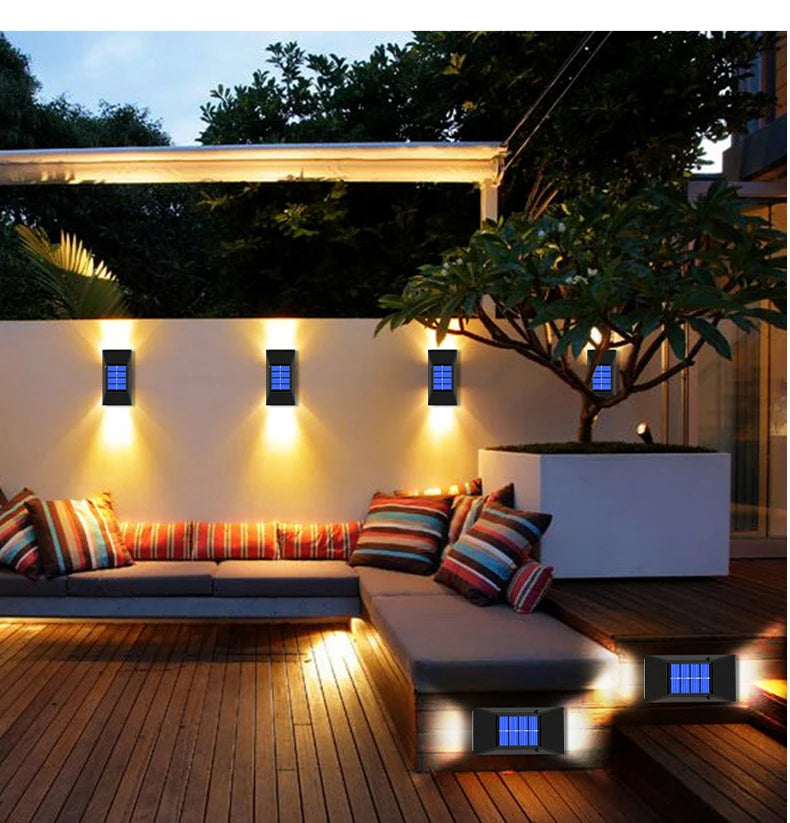 LED Solar Wall Light, Solar-powered LED light with modern design, waterproof, and automatic charging.