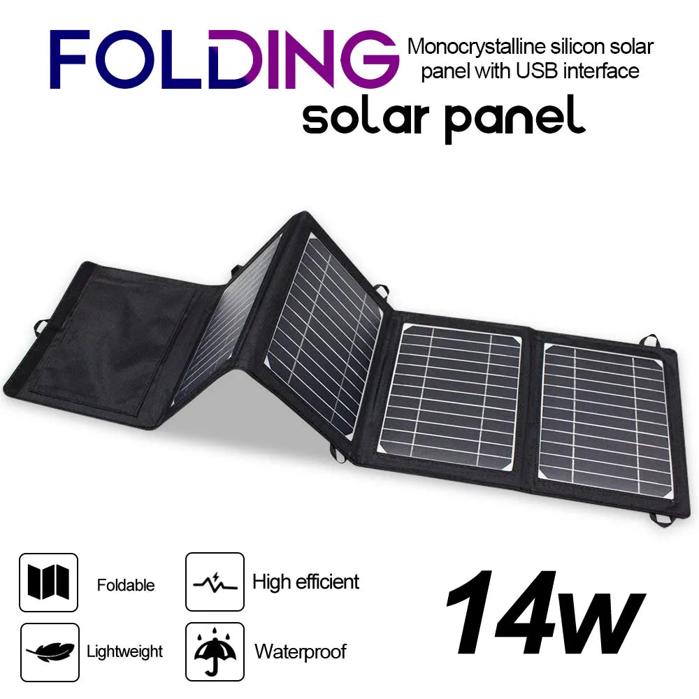 Upgraded 28W 21W 14W Portable Solar Panel, Compact, water-resistant solar panel with folding design, high efficiency, and lightweight construction, outputting 14 watts.