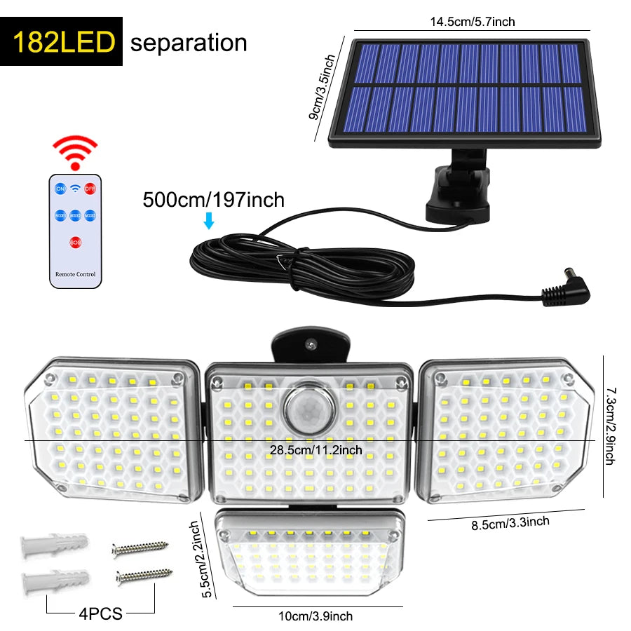 Solar Light, Adjustable LED lights with water resistance and multiple modes in a compact 14.5x28.5x5 inch design.