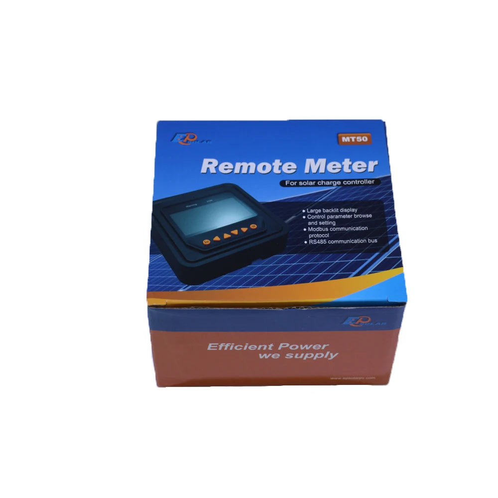 Remote meter for solar charge controllers with large backlit display for parameter control, browsing, and monitoring.