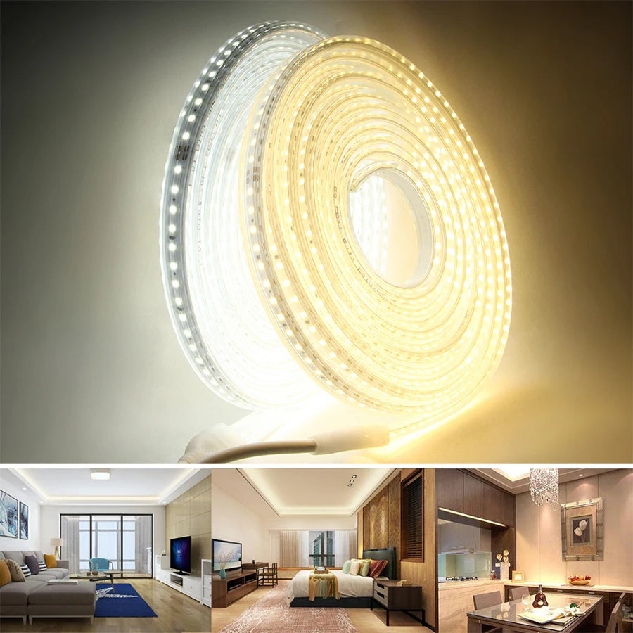Waterproof LED strip light with switch, 220V, 120 LEDs/m, high brightness, flexible for kitchen, outdoor, and garden use.