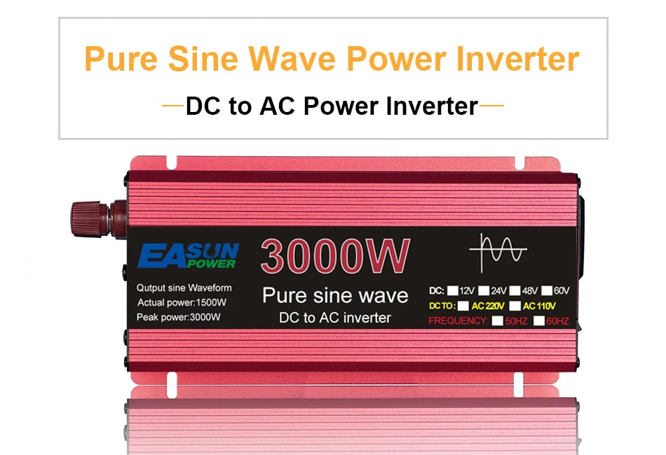 Pure sine wave AC inverter converts DC power to AC with adjustable frequency.