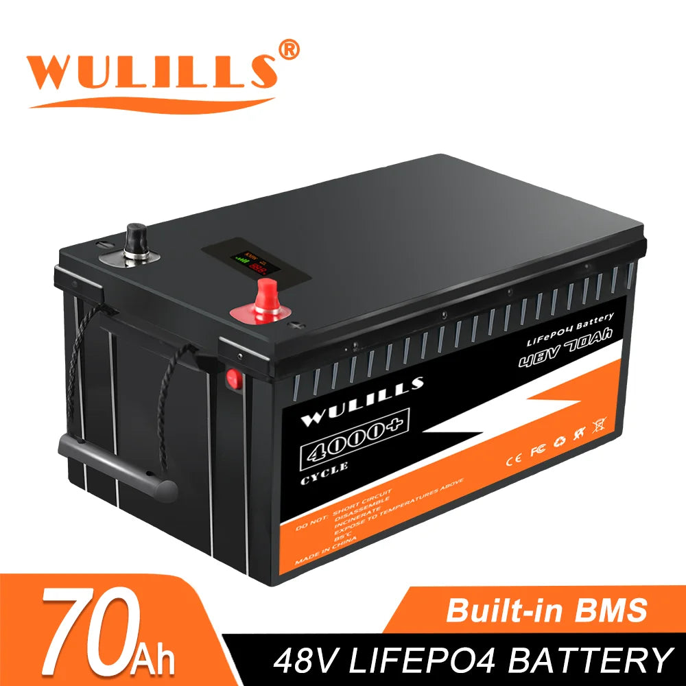 New 48V 70Ah LiFePO4 Battery, High-capacity 48V 70Ah lithium iron phosphate battery pack with built-in BMS for solar, RV, and motor applications.