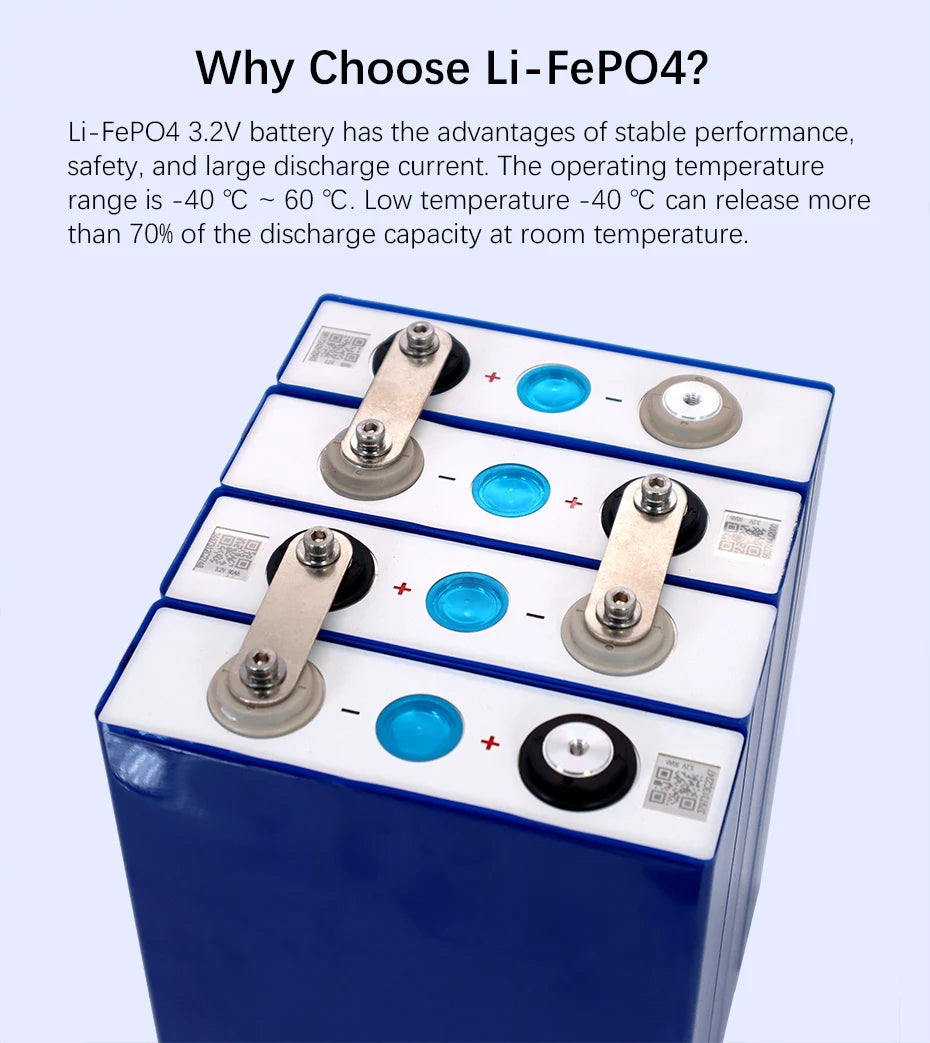 3.2V 105Ah LiFePO4 battery, Reliable Li-FePO4 battery with high current output and stable performance from -40°C to 60°C.