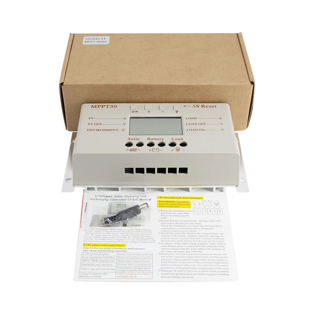 30A Solar Charge Controller, Intelligent solar charge controller for 200W-380W panels and batteries, featuring load management and overload protection.