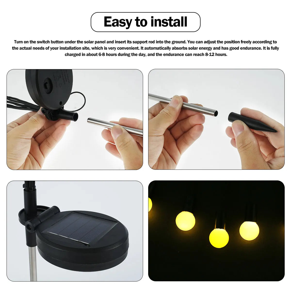 Solar LED Light, Simple solar-powered installation with automatic charging and 8-12 hour runtime.