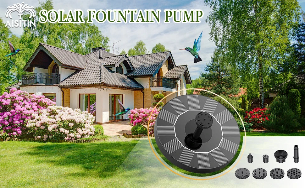 1.5W Solar Fountain, Solar-powered fountain pump for small ponds and bird baths with 6 adjustable nozzles.