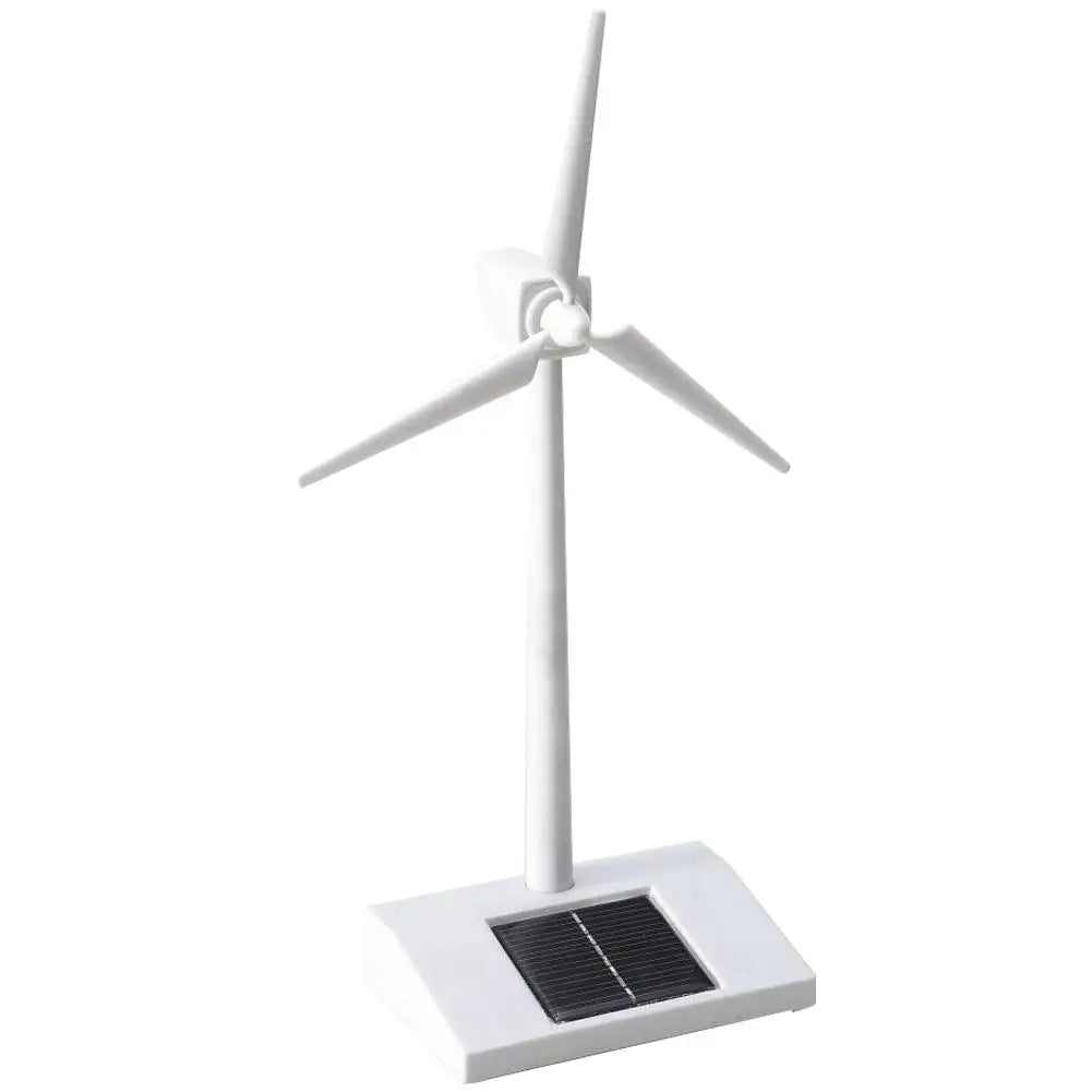 Solar Powered Windmill Toy, Solar-powered windmill with specifications: base size, rod length, fan size, and net weight.