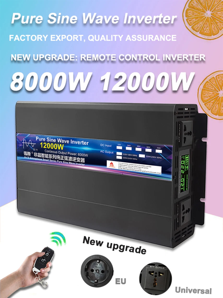 High-quality inverter with remote control, 12,000W DC input, and 220V AC output for EU standard compliance.