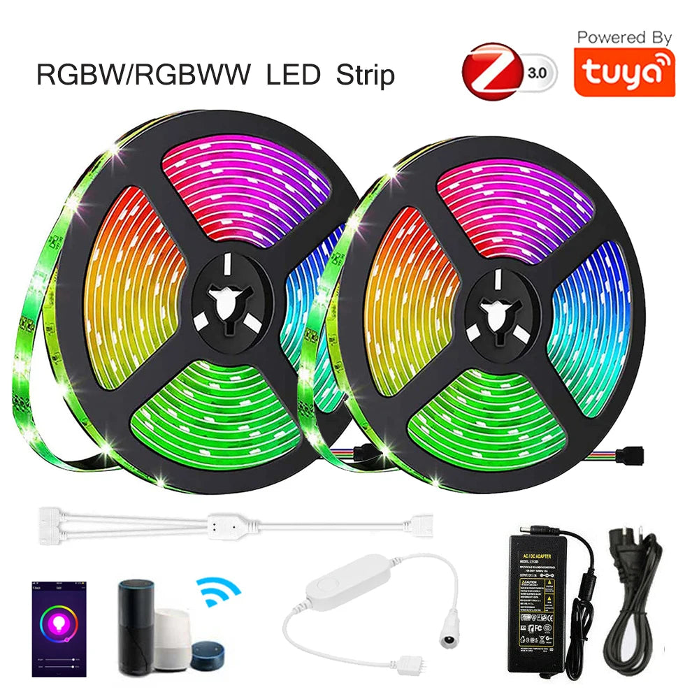 Wireless LED strip with color-changing capabilities controlled by voice assistants.