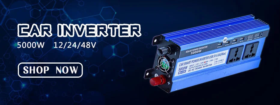 5000W Car Inverter, Power converter for cars, converting DC power to AC with LCD display, USB ports, and solar charging.