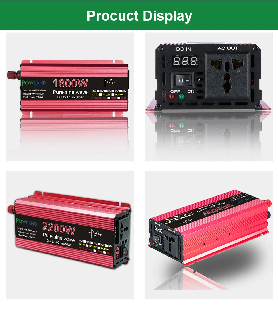 Pure sine wave inverter converts DC power to AC power with output options from 1000W to 2200W.