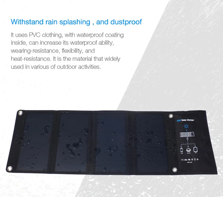 28W Portable Solar Panel, Durable solar panel with water-resistant PVC cloth and waterproof coating for outdoor use.