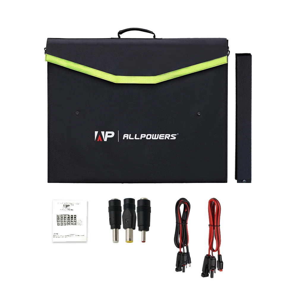 ALLPOWERS 18V Foldable Solar Panel, Emergency charging for 12V batteries; use alligator clips and follow 2-3 hour guidelines.