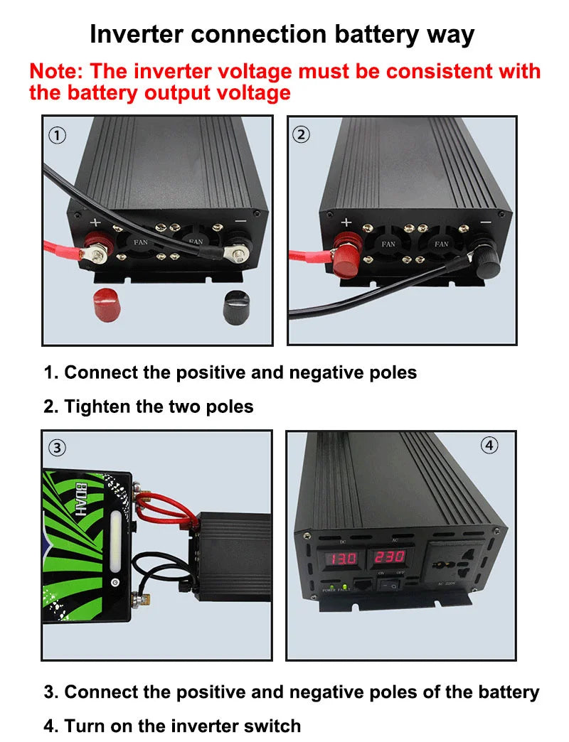 Connect Pure Sine Wave Inverter to battery by matching voltages, attaching terminals, and turning on switch.