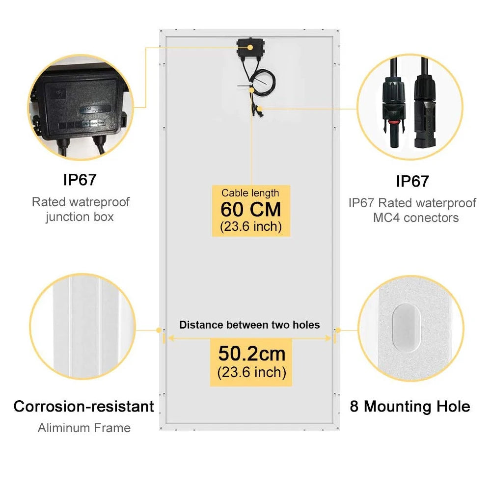 Dokio 18V 100W Rigid Solar Panel, Waterproof solar panel with 60cm cable and MC4 connectors, featuring corrosion-resistant frame and mounting holes.