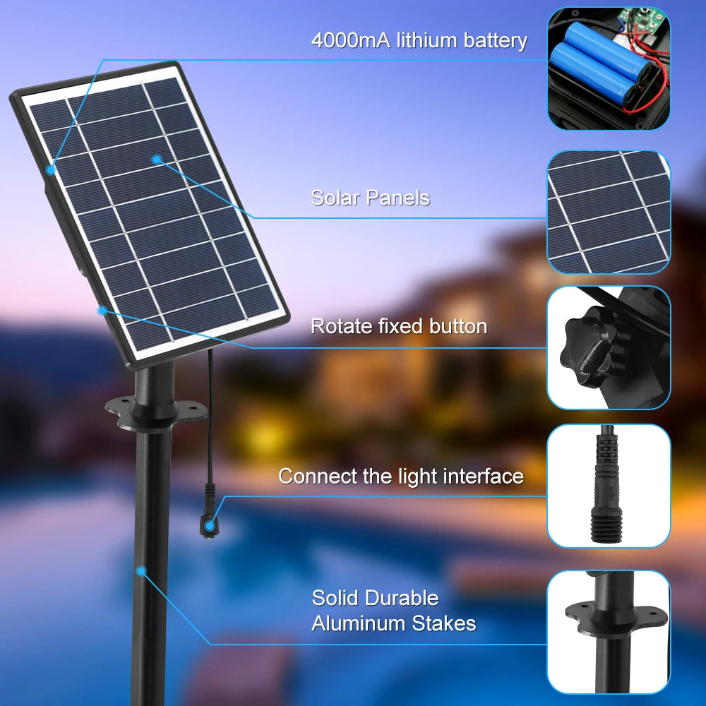 1 TO 4 RGB Outdoor Solar Landscape Light, Lithium-powered camping light with solar panel and rotating button, plus durable aluminum stake for easy setup.