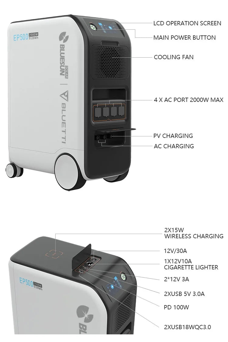Bluesun 24V/48V 120Ah Solar Battery, Bluesun's solar battery with LCD screen, power button, cooling fan, and multiple charging ports.