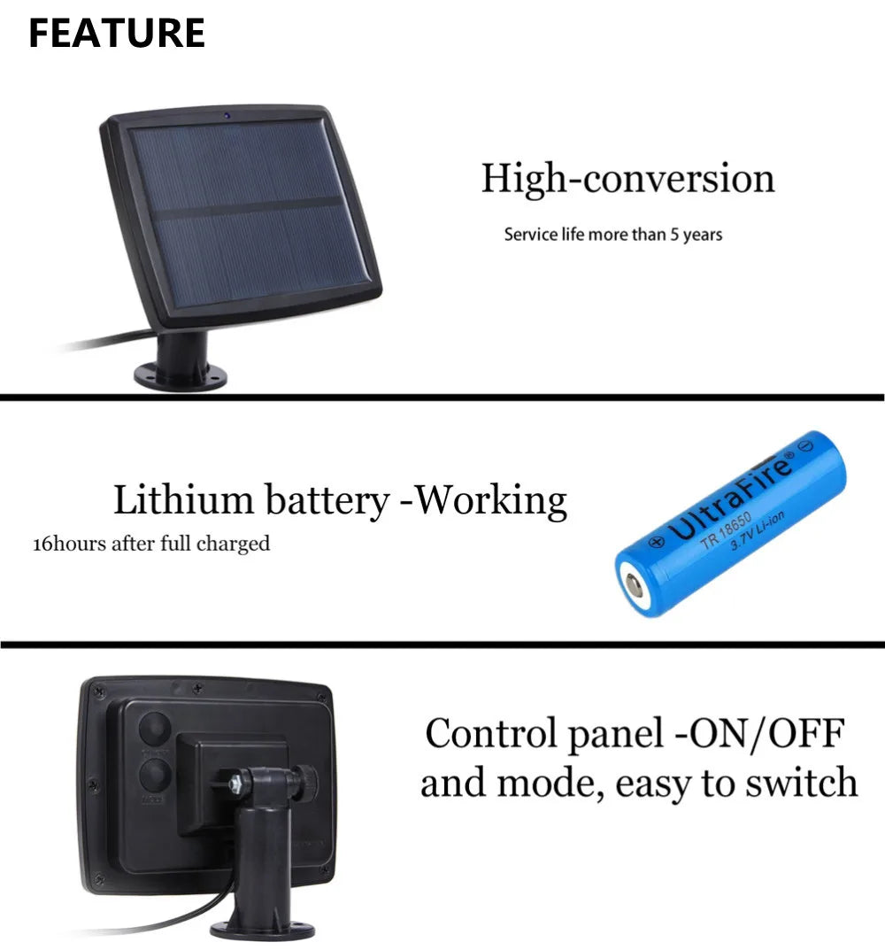 Solar Light, Long-lasting power source with high conversion efficiency and up to 16-hour runtime.