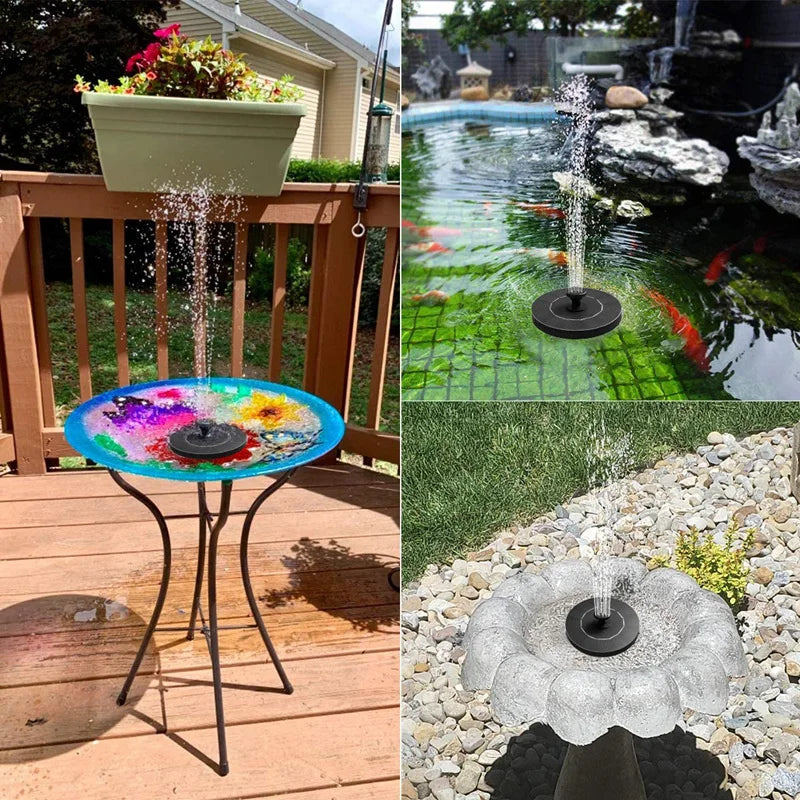 Mini Solar Water Fountain, Solar-powered mini water fountain with ABS+PE plastic construction and adjustable size and height.