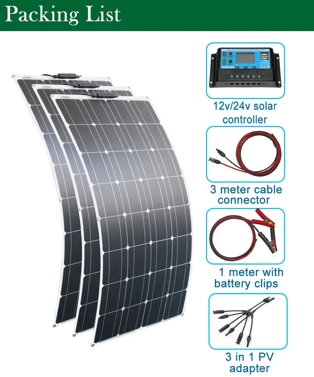 300w solar panel, Portable solar kit with controller, cables, and adapters for easy charging of your devices.