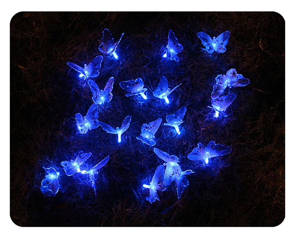 Garden Solar Lamp Butterfly String Light, Festive LED strings for outdoor decorating, powered by solar panel or fiber optic light.