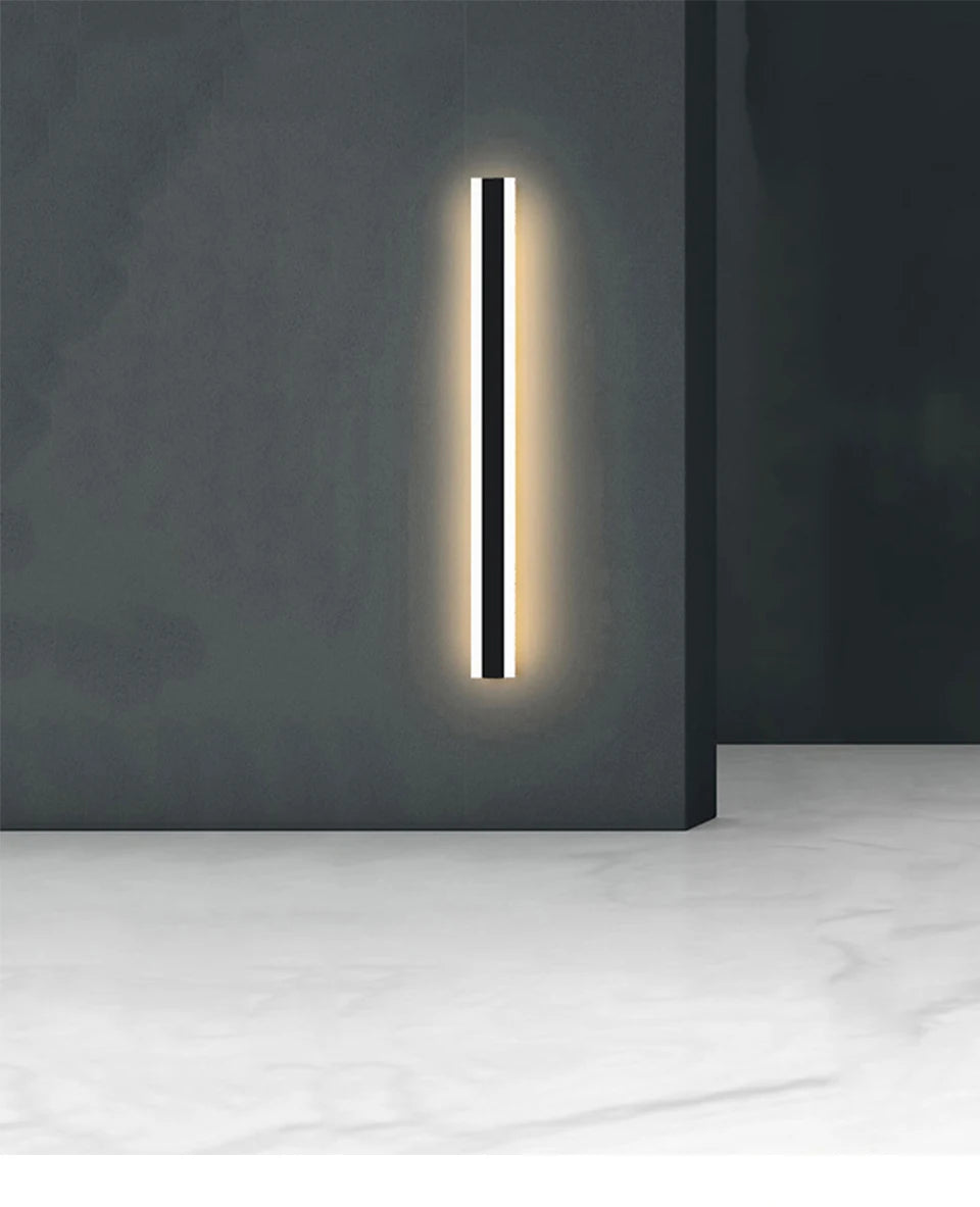 Waterproof outdoor sconce light with modern design and long strip LEDs, suitable for gardens, porches, or outdoor spaces.