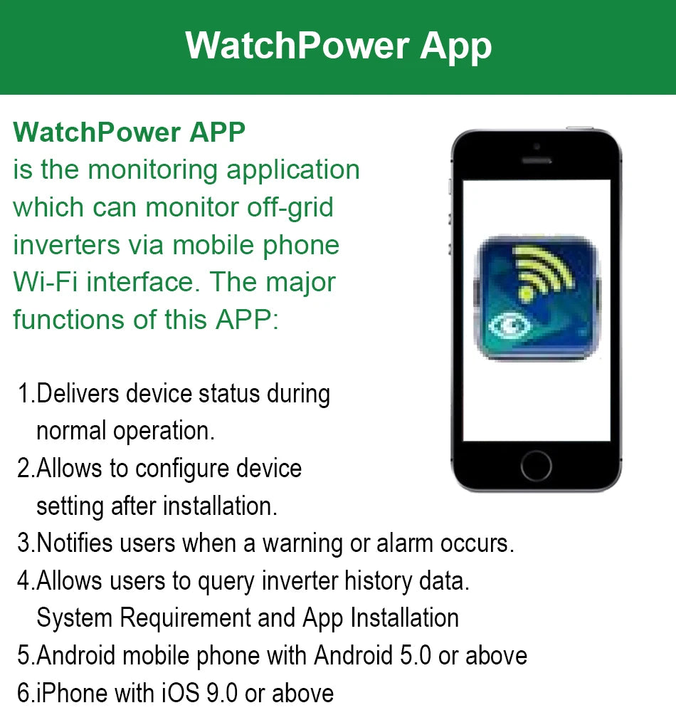 PowMr Solar Inverter, Monitor off-grid inverters remotely using Wi-Fi accessible app with real-time status, configuration, alerts, and data query.