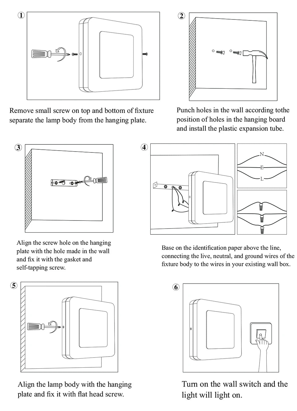 Led Porch Light, Hang light fixture: remove screws, access plate, punch holes, attach expansion tube, and secure lamp body.