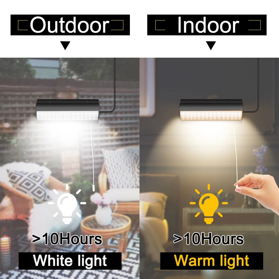 Upgraded Solar Pendant Light, Operates for 10 hours with white or warm light, suitable for indoor and outdoor use.