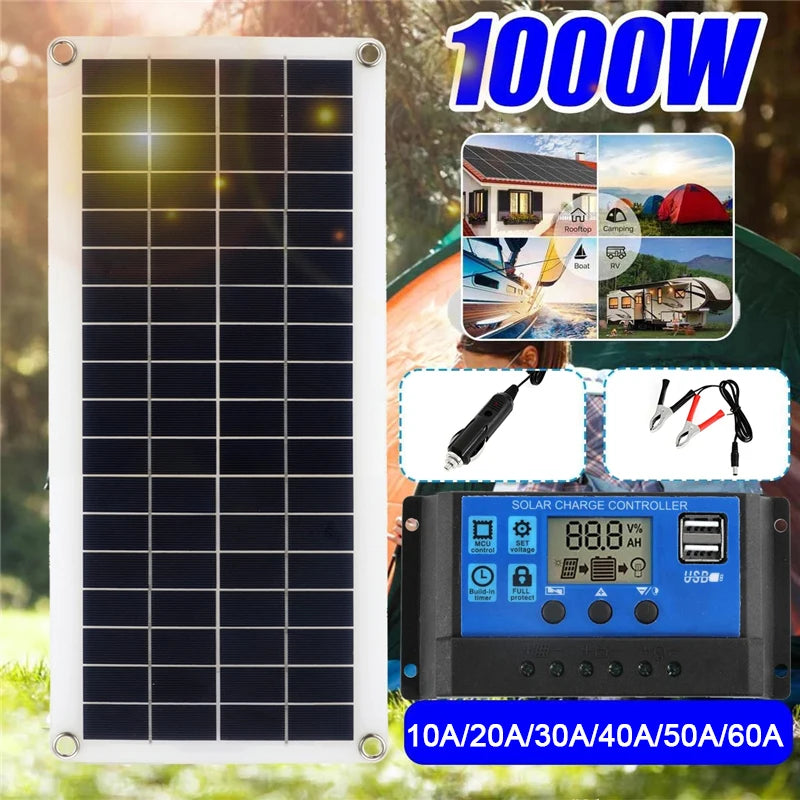 Powerful 1000W solar panel charger for various devices with adjustable current output (10A-60A).