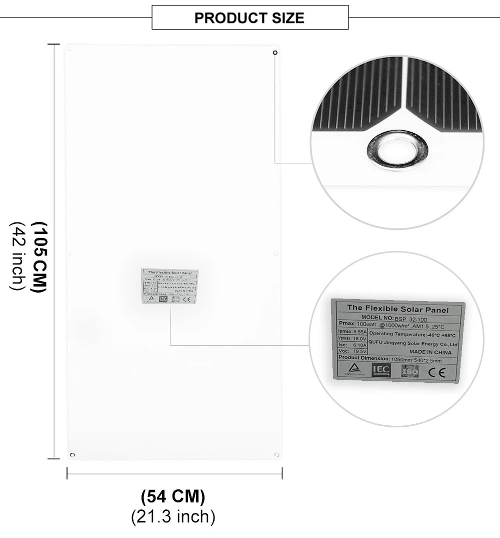 100W flexible solar panel, made in China, with operating temperature range -40°C to +85°C and dimensions 540mm x 54cm.