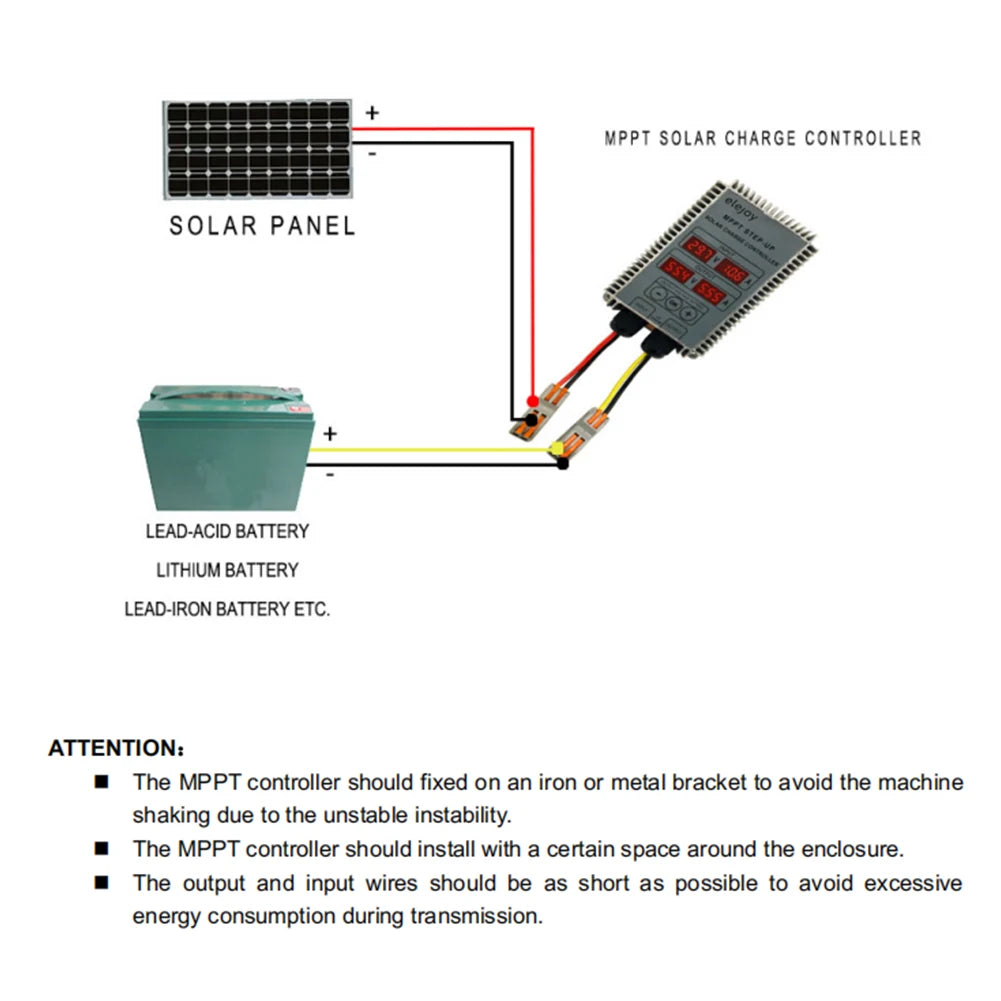 Solar charge controller for various battery types; mount securely and keep wires short for optimal performance.