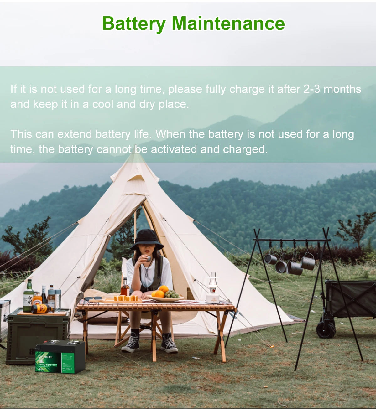 12V 200Ah LiFePO4 Battery, Properly store batteries: fully charge, keep cool, and avoid long-term disuse to prevent degradation or dry-out.