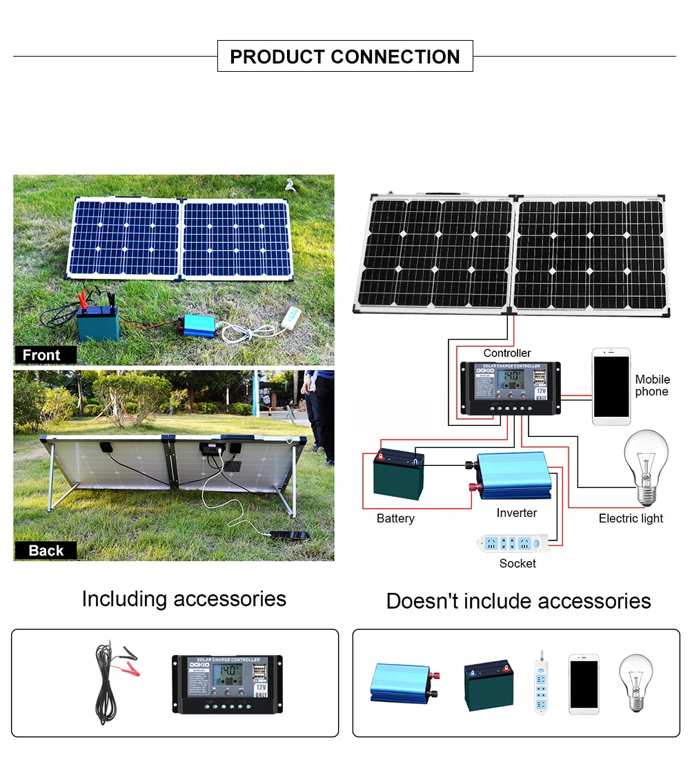Dokio 100W 160W 200W Foldable Solar Panel, Kit contents: front controller, solar panel, battery, inverter, light, and socket - accessories sold separately.