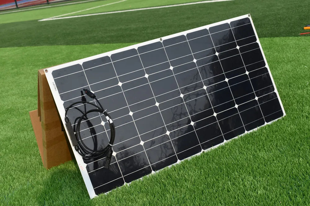 Solar Panel, High-performance 100W panel display tested under strong sunlight with multi-meter showing over 19V DC output.