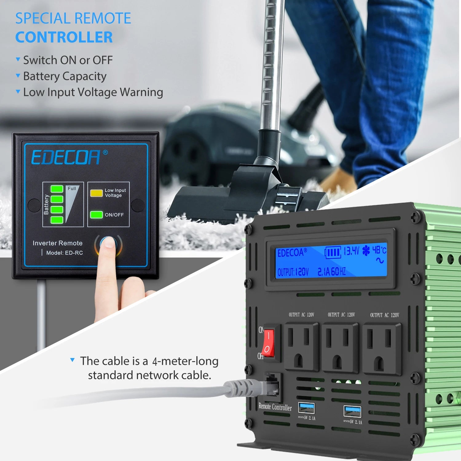 Remote controller for Edecoa inverter with switching, monitoring, and warning features.