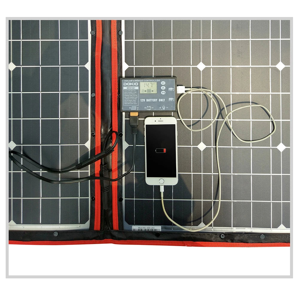 Portable solar panel with 18V output, charges small devices or batteries up to 12V.