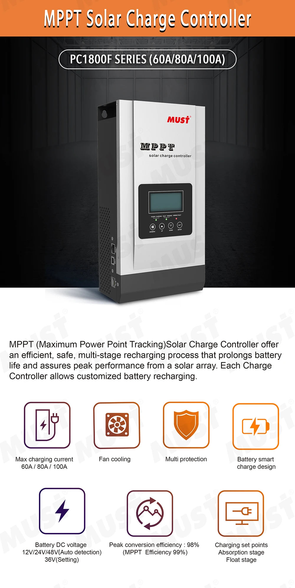 60A 80A 100A MUST MPPT Solar Charge Controller, MUST MPPT Solar Charge Controller 12V 24