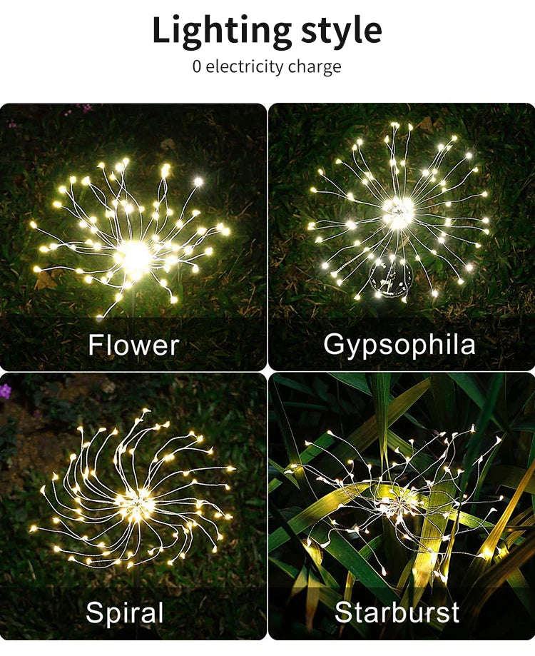 Outdoor Solar LED Firework Fairy Light, Elegant solar-powered LED lights with spiral design for a beautiful outdoor display, no electricity needed.